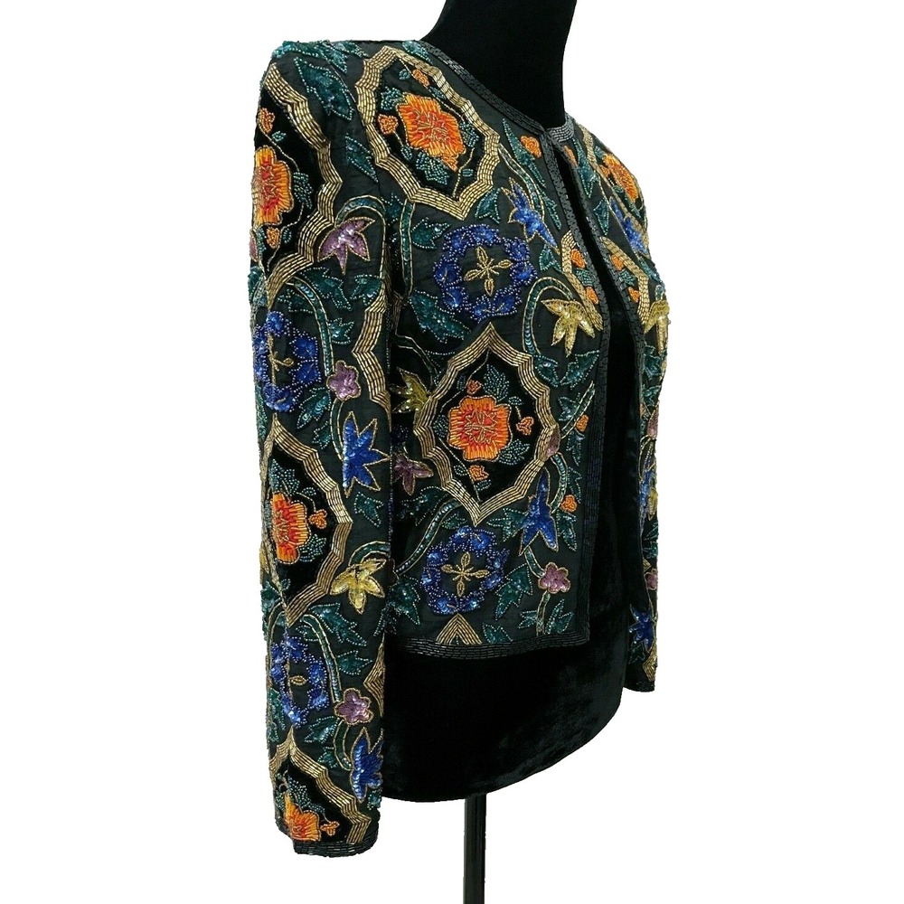 Vintage Cache Womens Open Front Jacket Small Black Silk Ornate Floral Beaded - Picture 6 of 13